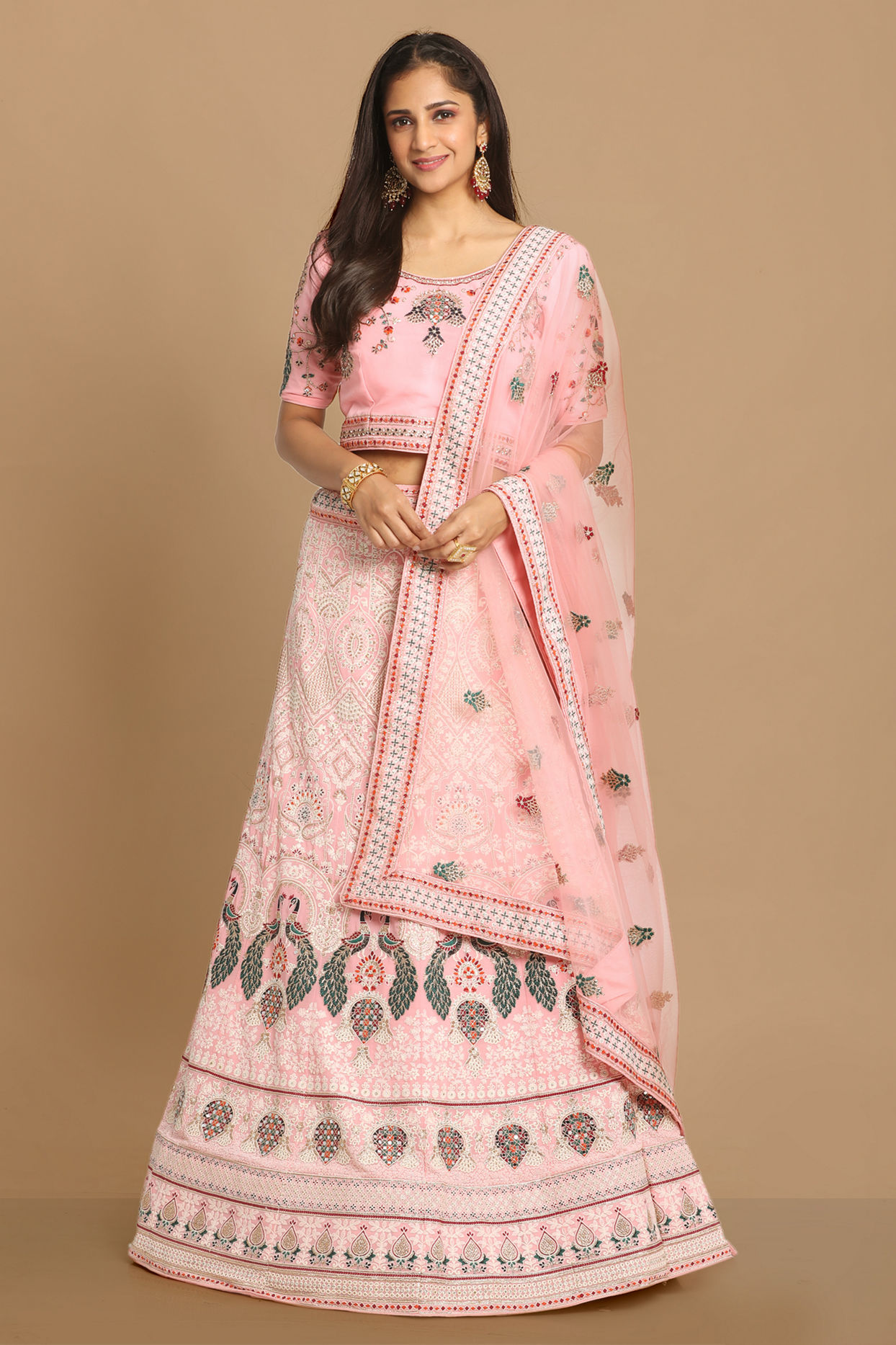 alt message - Mohey Women Light Pink Georgette Lehenga image number 0